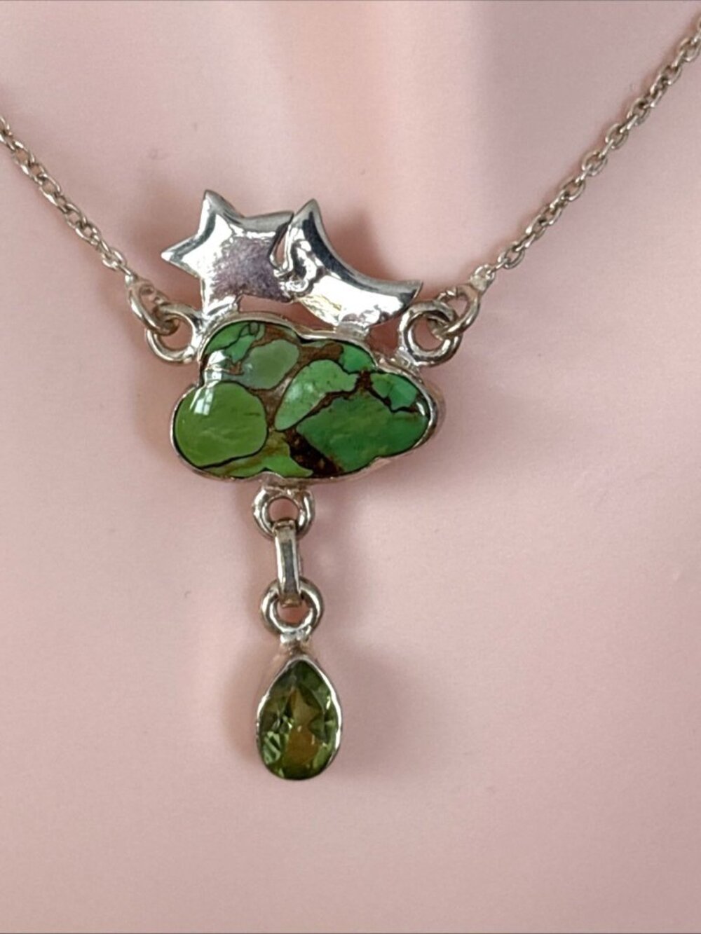 Natural 8.27ct Copper Turquoise Peridot Necklace Sterling Silver 18" Cable Chain - Picture 2 of 12